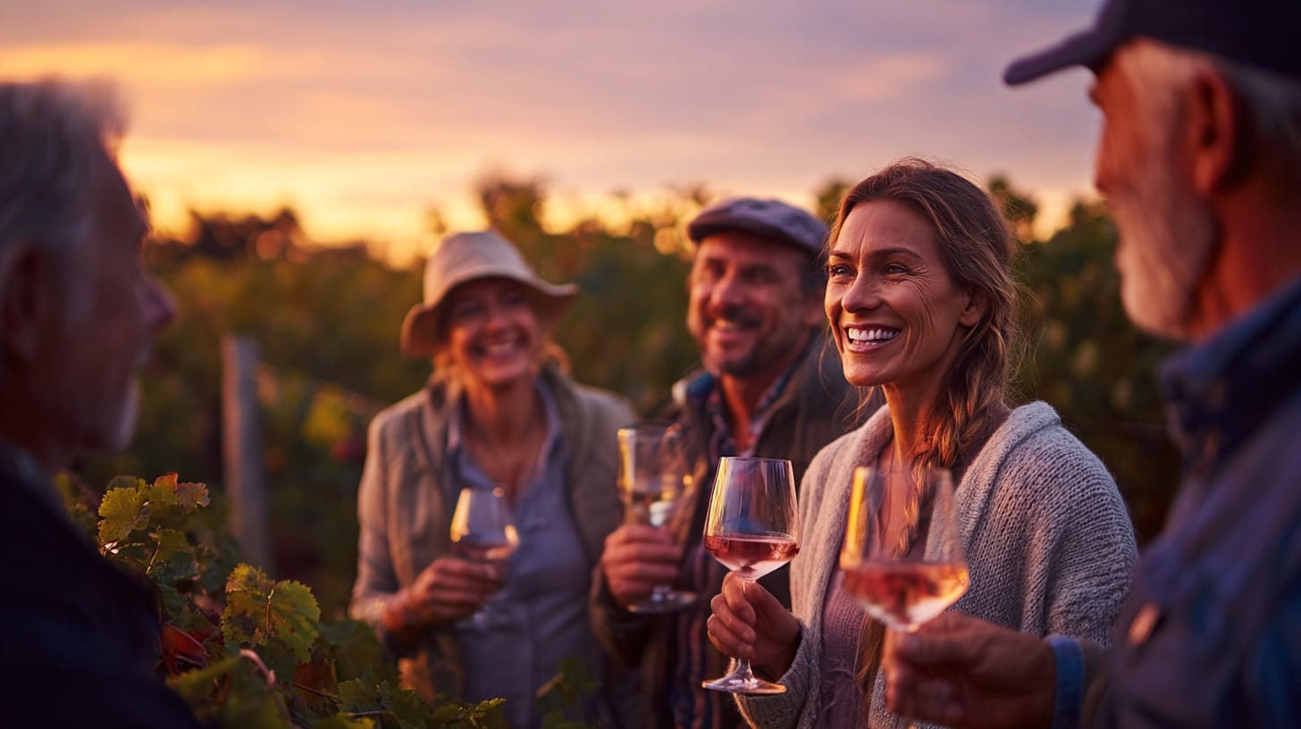 Wine club members smiling and drinking wine at sunset